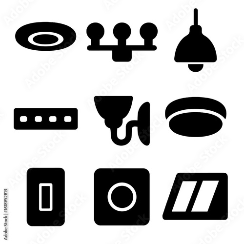 Bathroom Lighting Icons. Solid, filled icon set of lighting options for bathrooms: recessed light, vanity light, pendant light,