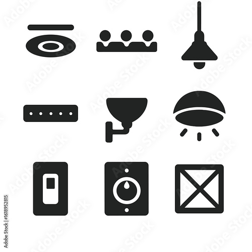 Bathroom Lighting Icons. Solid, filled icon set of lighting options for bathrooms: recessed light, vanity light, pendant light,