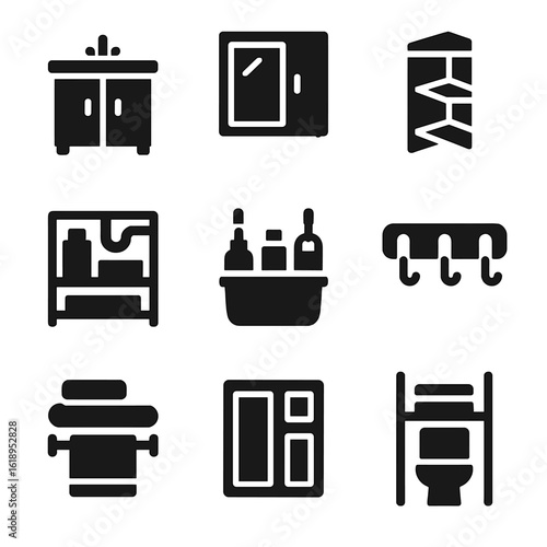 Bathroom Storage Icons. Solid, filled icon set of bathroom storage solutions: vanity cabinet, medicine cabinet, corner shelf,