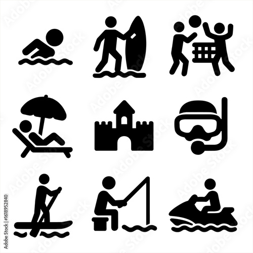 Beach Activities Icons. Solid, filled icon set of beach vacation activities: swimming, surfing, beach volleyball, sunbathing,
