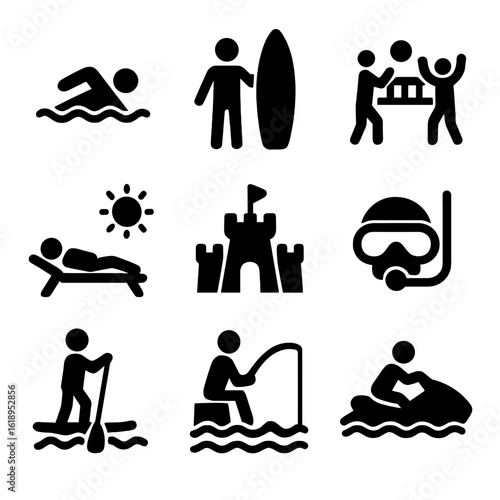 Beach Activities Icons. Solid, filled icon set of beach vacation activities: swimming, surfing, beach volleyball, sunbathing,