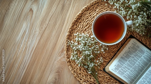 Warm Tea and Open Book on a Woven Tray With Delicate Flowers in a Cozy Setting