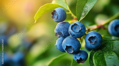 Fresh Blueberries Growing on a Bush During Golden Hour in a Fruit Farm