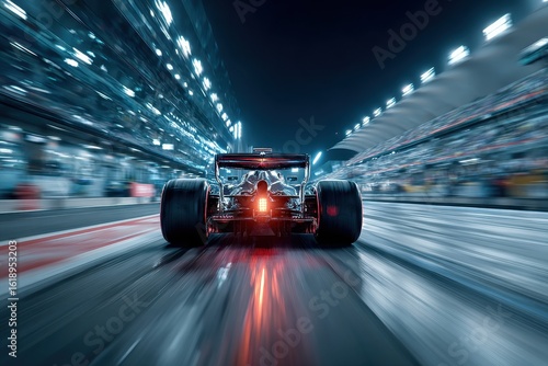 Red formula one car races on asphalt track at high speed toward bright sunlight at racetrack, grandstands