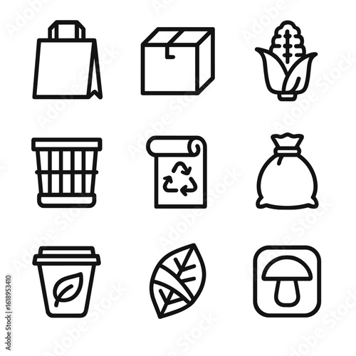 Biodegradable Packaging Icons. Solid, filled icon set of biodegradable packaging designs: paper bag, cardboard box, corn starch