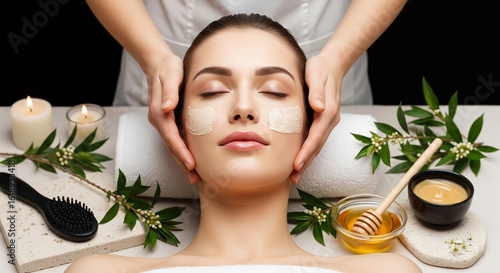 Pure Radiance; Calm European Beauty in a Tea Tree Honey Facial Escape; E-commerce product display for honey-based facial masks, print brochure for facial therapy, packaging mockup background, blogs