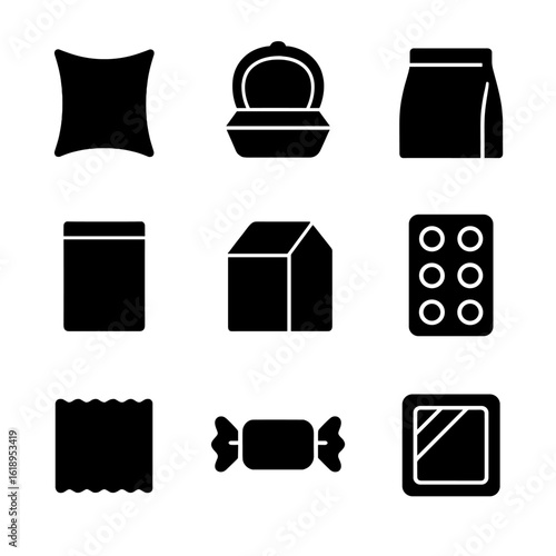 Biodegradable Packaging Icons. Solid, filled icon set of biodegradable packaging types: pillow pouch, clamshell box, gusset bag,