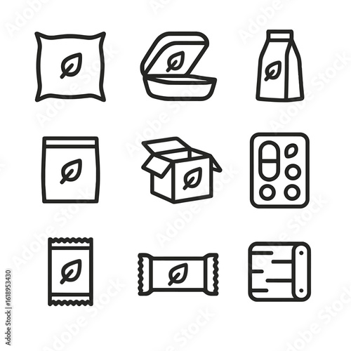 Biodegradable Packaging Icons. Solid, filled icon set of biodegradable packaging types: pillow pouch, clamshell box, gusset bag,