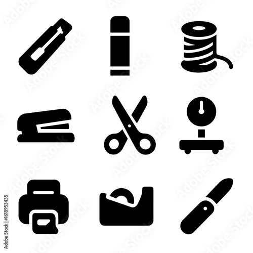 Biodegradable Packaging Icons. Solid, filled icon set of biodegradable packaging tools: paper cutter, glue stick, string spool,