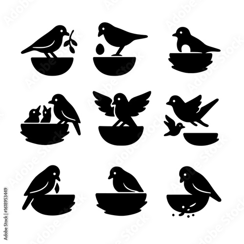 Bird Behavior Icons. Solid, filled icon set of bird behaviors around nest: nest building, egg laying, incubating, feeding chicks,