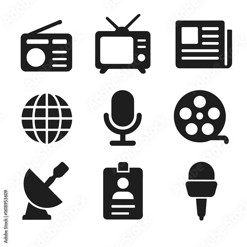 Black Icon Sets. Solid, filled icon set of media freedom: radio, television, newspaper, internet, press, microphone, film reel,