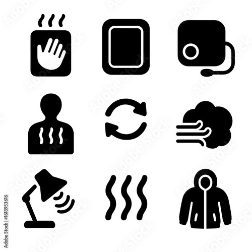 Body Heat Icons. Solid, filled icon set of body heat: hand warmer, thermal patch, warming pad, body icon with heat lines,
