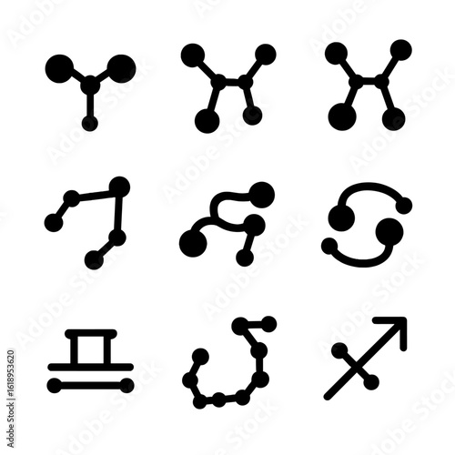 Black Zodiac Grid. Solid, filled icon set of zodiac constellations: Aries, Taurus, Gemini, Cancer, Leo, Virgo, Libra, Scorpio,