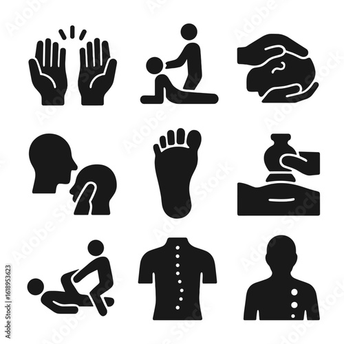 Bodywork Modalities Icons. Solid, filled icon set of bodywork modalities: reiki hands, Thai massage pose, craniosacral hold,