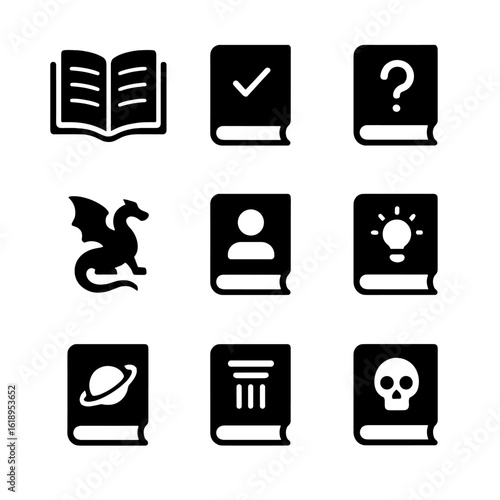 Book Genre Icons. Solid, filled icon set of book recommendations by theme: fiction, non-fiction, mystery, fantasy, biography, self