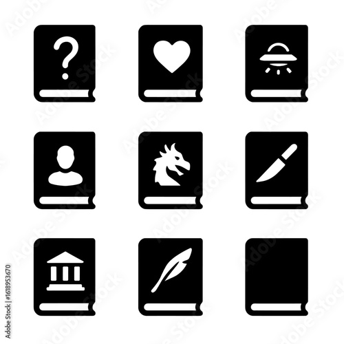Book Genre Icons. Solid, filled icon set of book genres: mystery book, romance novel, science fiction, biography, fantasy,