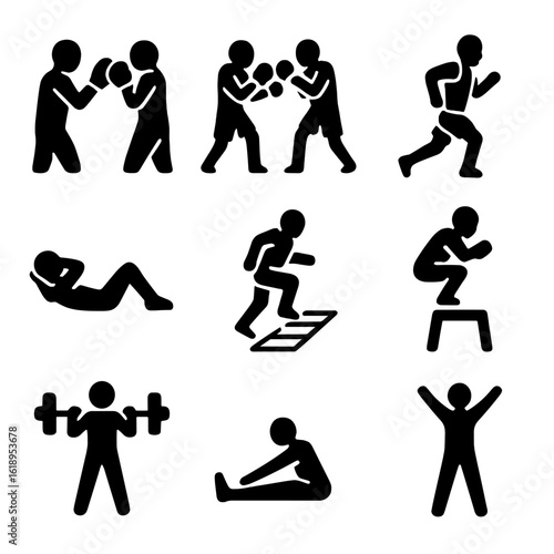 Boxing Workout Icons. Solid, filled icon set of Boxing workout training drills: mitt work, sparring, conditioning run, core