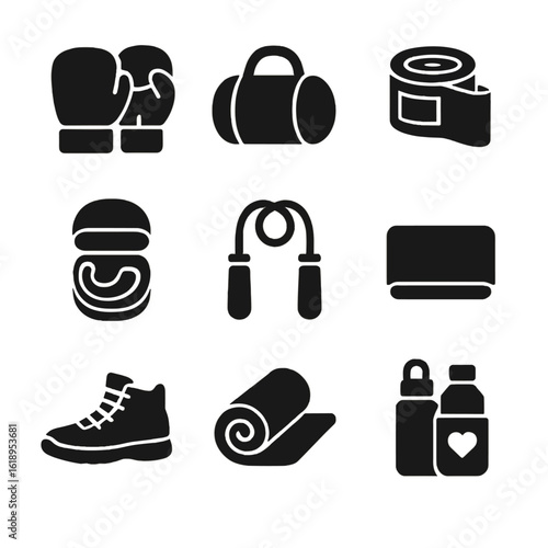 Boxing Training Gear Icons. Solid, filled icon set of Boxing workout training accessories: gloves bag, hand wraps box, mouthguard