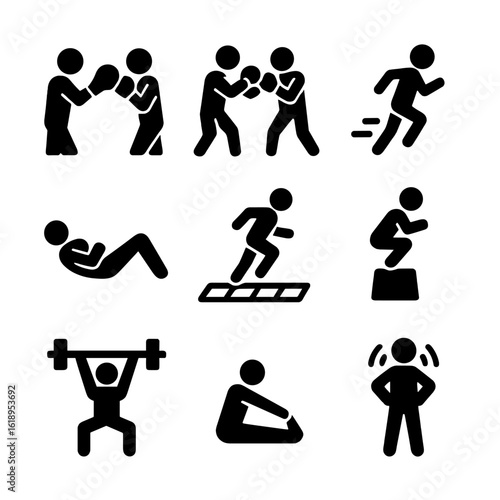 Boxing Workout Icons. Solid, filled icon set of Boxing workout training drills: mitt work, sparring, conditioning run, core