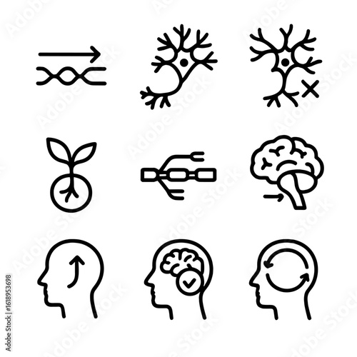Brain Plasticity Icons. Solid, filled icon set of brain plasticity mechanisms: long-term potentiation, dendritic branching,