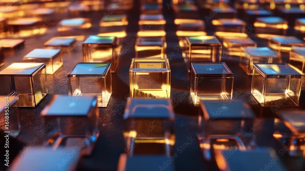 Futuristic glass cubes with golden light reflections in abstract geometric grid pattern