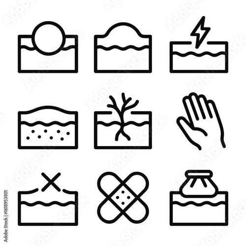 Bruised Skin Icons. Solid, filled icon set of bruised skin symptoms: purple bruise, swollen area, pain icon, skin discoloration,