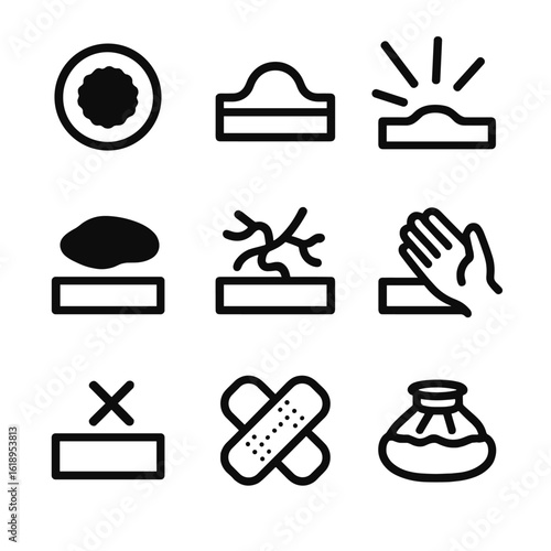 Bruised Skin Icons. Solid, filled icon set of bruised skin symptoms: purple bruise, swollen area, pain icon, skin discoloration,