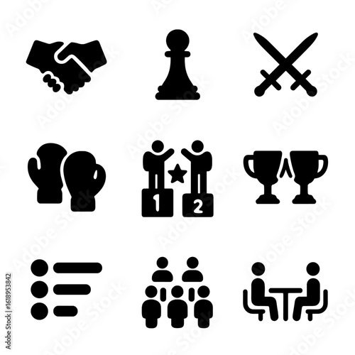 Business Rivalry Icons. Solid, filled icon set of business rivalry: handshake broken, chess piece, duel swords, boxing gloves,