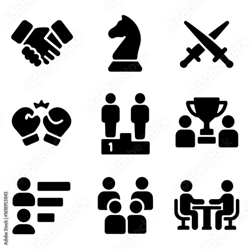 Business Rivalry Icons. Solid, filled icon set of business rivalry: handshake broken, chess piece, duel swords, boxing gloves,