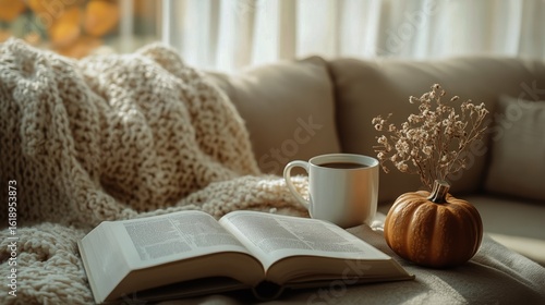 Cozy Autumn Setting With a Book, Coffee, Pumpkin, and Dried Flowers on a Sofa.
