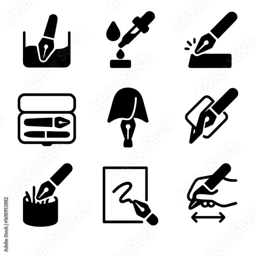 Calligraphy Tools Icons. Solid, filled icon set of calligraphy maintenance and care: pen cleaning, ink refilling, nib sharpening,
