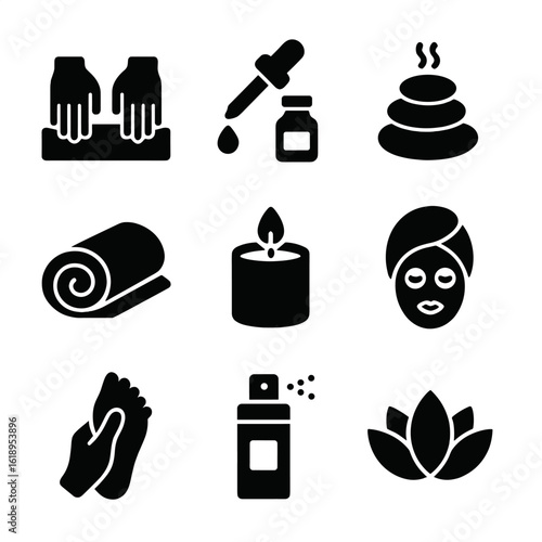 Calming Massage Icons. Solid, filled icon set of calming massage elements: massage therapist hands, essential oil dropper, hot