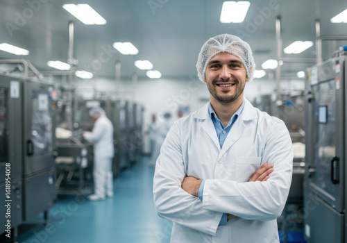 Smiling scientist in protective gear overseeing advanced manufacturing operations in a clean production facility