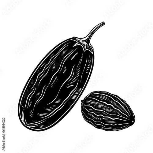 Detailed black and white illustration of two raisins