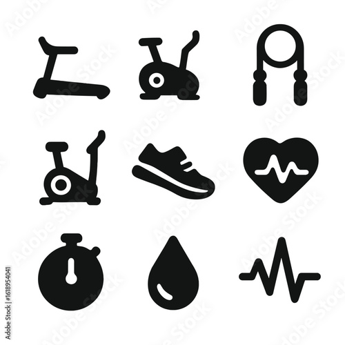 Cardio Workout Icons. Solid, filled icon set of cardio workout: treadmill, bike, jump rope, elliptical, running shoe, heart rate,