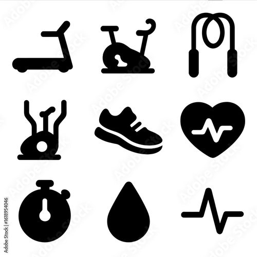 Cardio Workout Icons. Solid, filled icon set of cardio workout: treadmill, bike, jump rope, elliptical, running shoe, heart rate,