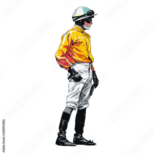 A professional jockey in racing outfit preparing for a race.