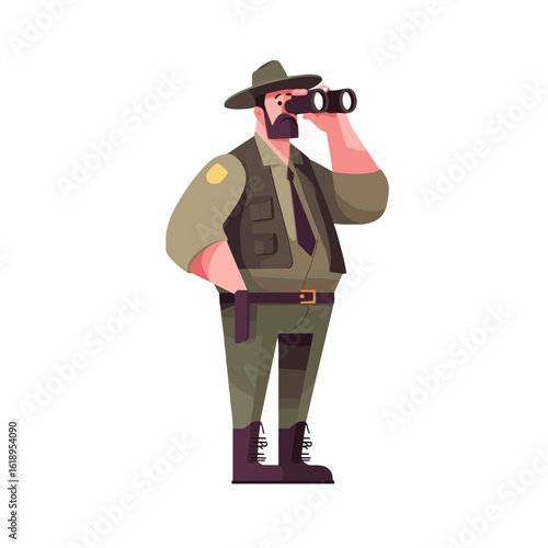 A park ranger observing with binoculars.