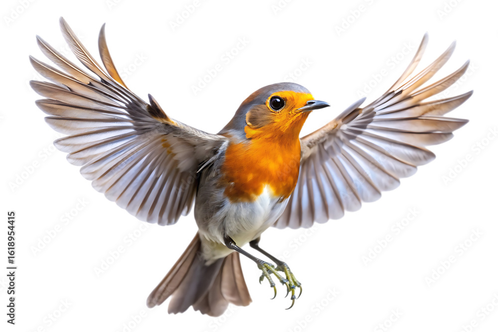 Obraz premium European robin in flight with open wings - isolated on a solid white background