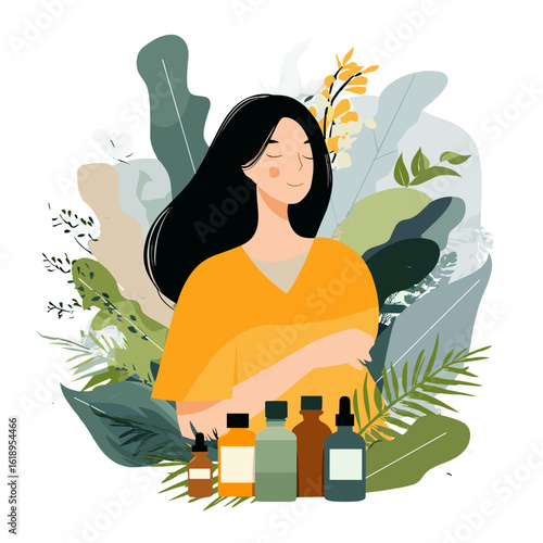 A serene illustration of a woman with botanical essential oils.