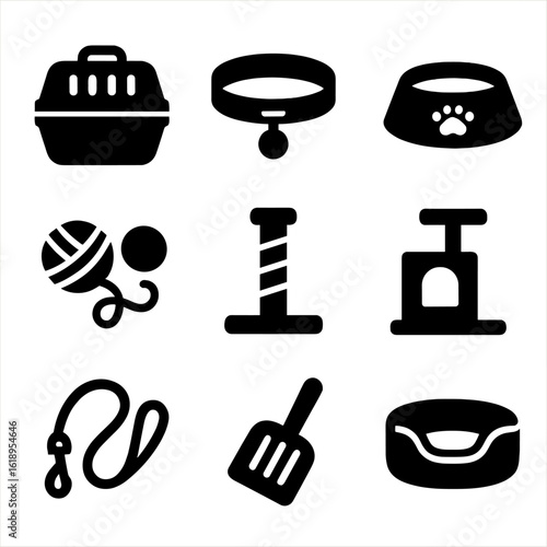 Cat Accessories Icons. Solid, filled icon set of cat accessories: cat carrier, cat collar, food bowl, toys, scratching post, cat