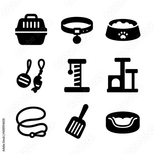 Cat Accessories Icons. Solid, filled icon set of cat accessories: cat carrier, cat collar, food bowl, toys, scratching post, cat