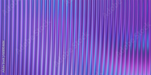 Ribbed purple glass background with iridescent gradient and blue metal effect. Abstract fractal pattern with neon light waves wall design. Translucent prismatic surface with fluted diamond texture.