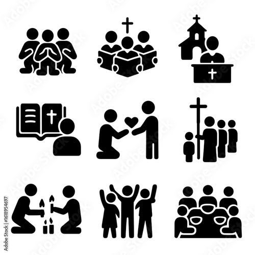 Catholic Community Icons. Solid, filled icon set of Catholic community activities: group prayer, choir singing, Sunday mass, Bible