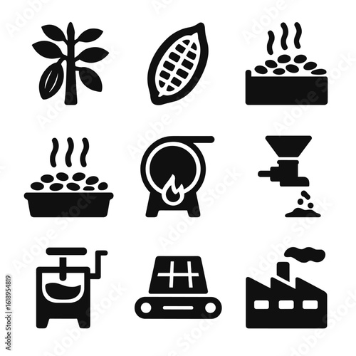 Chocolate Production Icons. Solid, filled icon set of chocolate production: cocoa tree, cocoa pod split, fermenting cocoa beans,