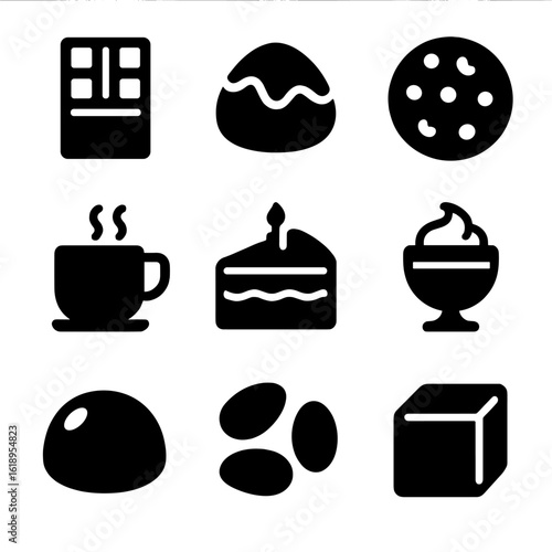 Chocolate Delights Icon Set. Solid, filled icon set of chocolate treats: chocolate bar, chocolate truffle, chocolate chip cookie,