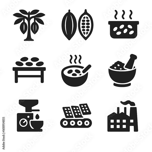 Chocolate Production Icons. Solid, filled icon set of chocolate production: cocoa tree, cocoa pod split, fermenting cocoa beans,