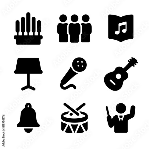 Church Music Icons. Solid, filled icon set of Church service music: organ, choir, hymn book, music stand, microphone, guitar, bell