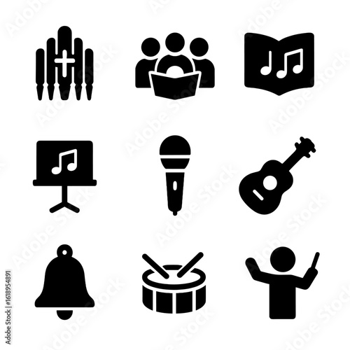 Church Music Icons. Solid, filled icon set of Church service music: organ, choir, hymn book, music stand, microphone, guitar, bell