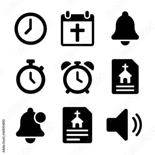 Church Timings Icons. Solid, filled icon set of Church service schedules and timing: clock, calendar, bell, timer, alarm, program,